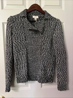 LOFT Black & White Marled Asymmetrical Zip Cardigan